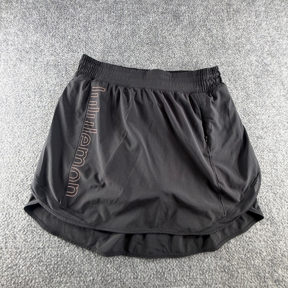 Lululemon Pace Rival Mid-Rise Skirt Black Rose Gold Logo Skort Size 8